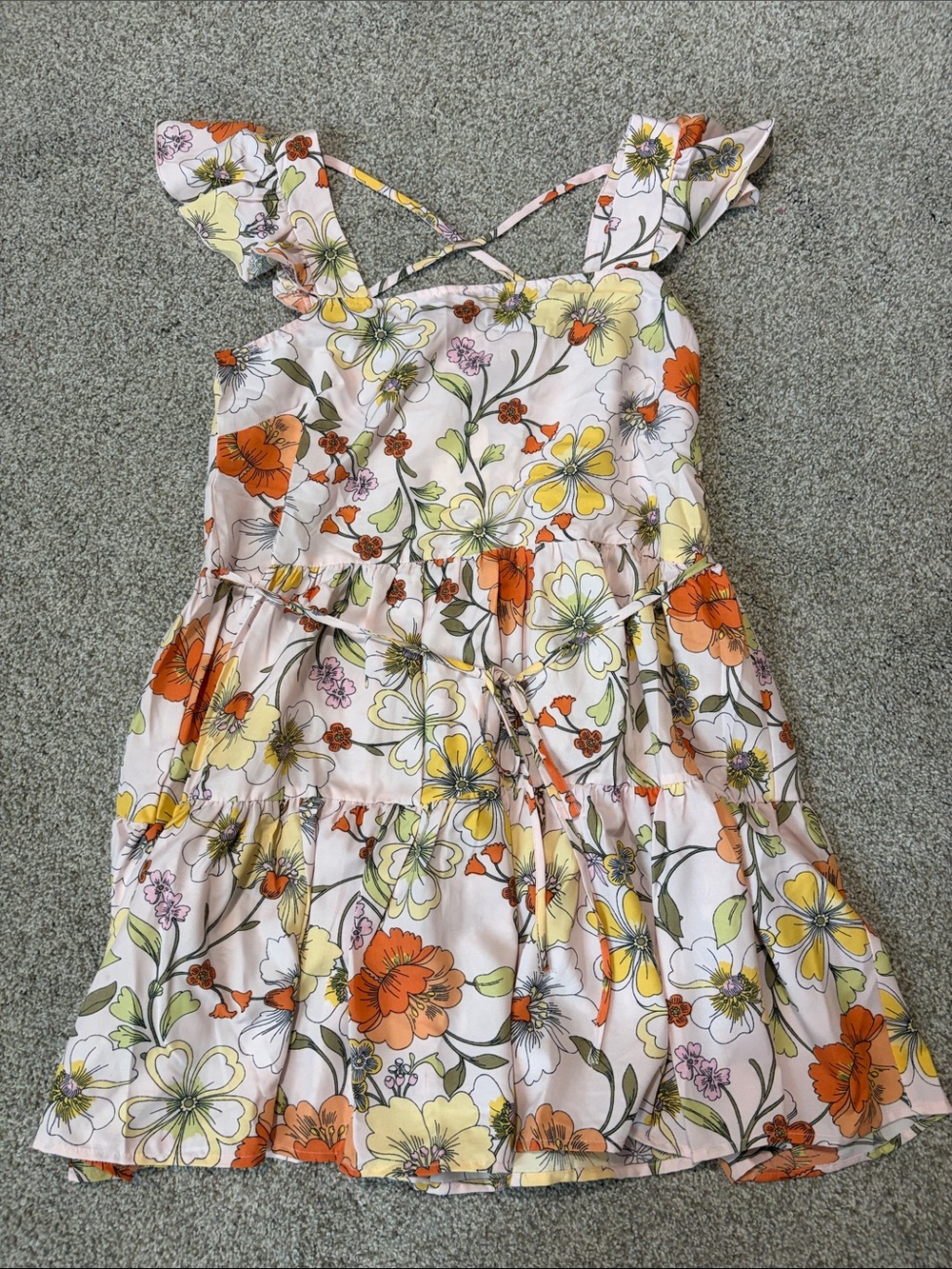 Floral Ruffle Tie-Waist Mini Dress in Cream with Orange & Yellow Flowers